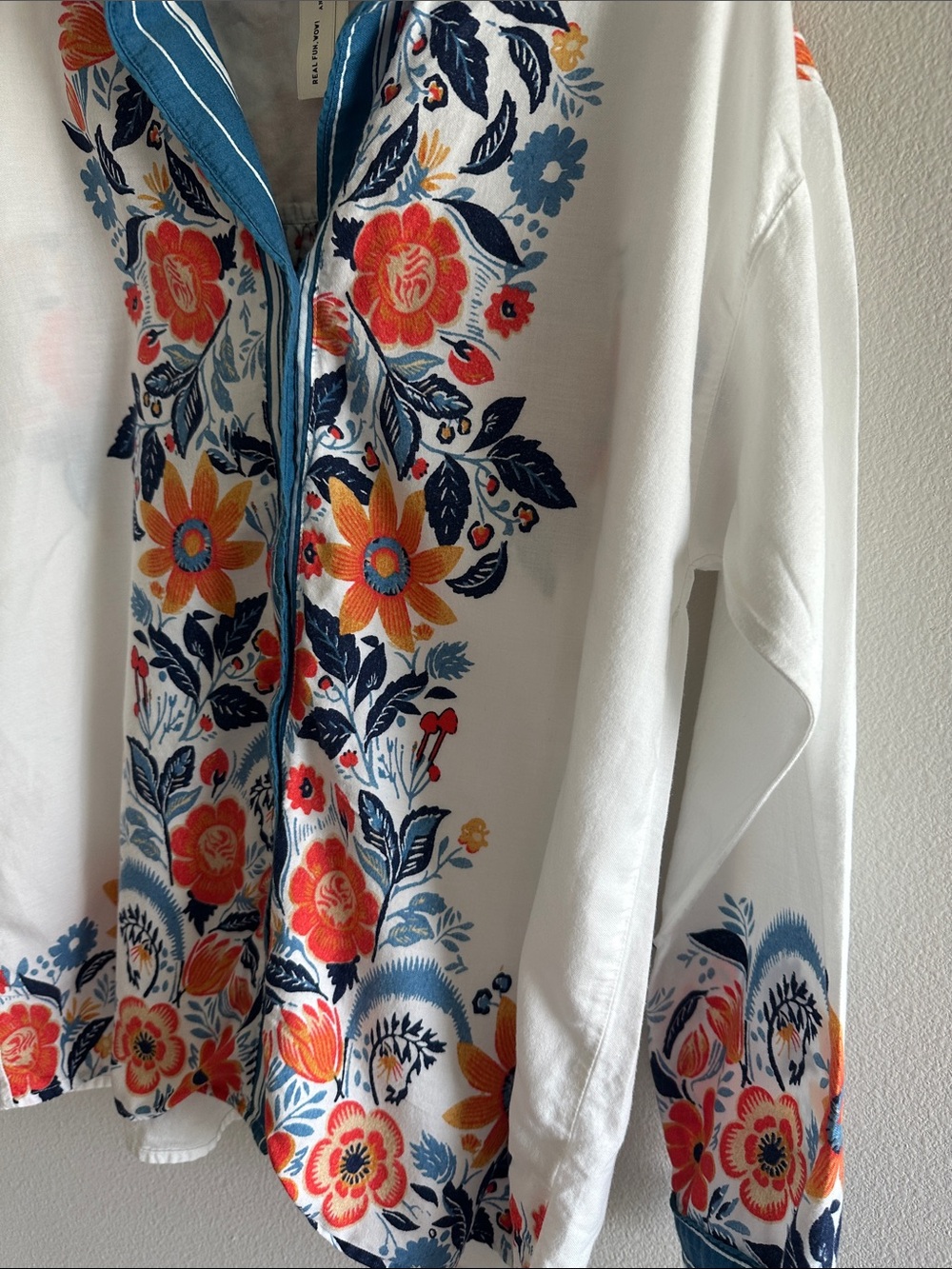 Anthropologie White With Teal Blue And Orange Floral Design Shirt - Picture 10 of 15